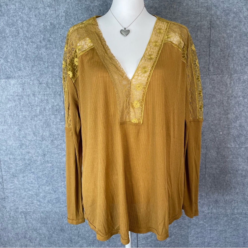 Free People Mustard Lace-Trim V-Neck Long Sleeve Top
